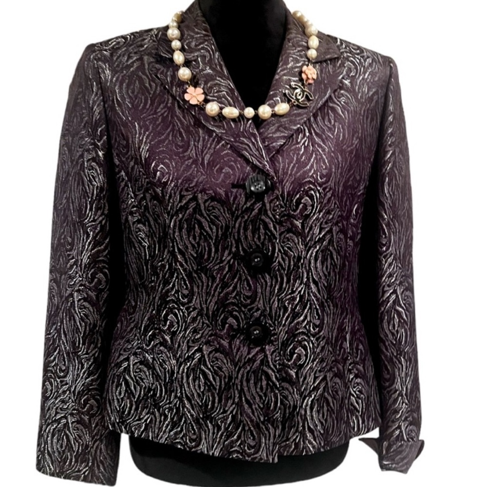 Le Suit Petite Metallic Jacquard Jacket Silver Black Size 10P - Picture 4 of 7